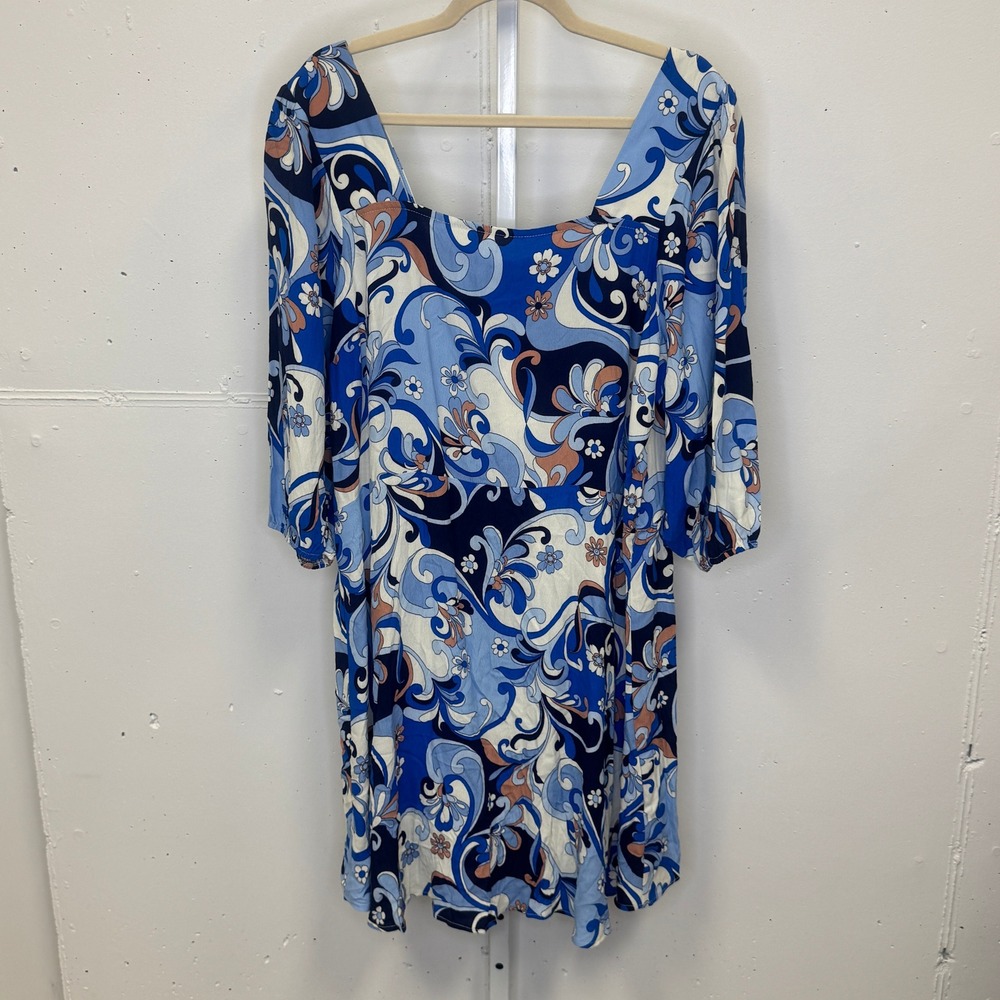 NWT F&F Blue Swirl‎ Paisley Square Neck Smocked Mini Dress Women's US 18 Floral